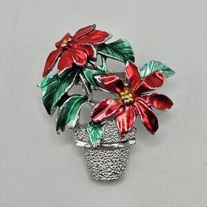 VINTAGE Red Silver Tone Poinsettia Flower Holiday Brooch Pin